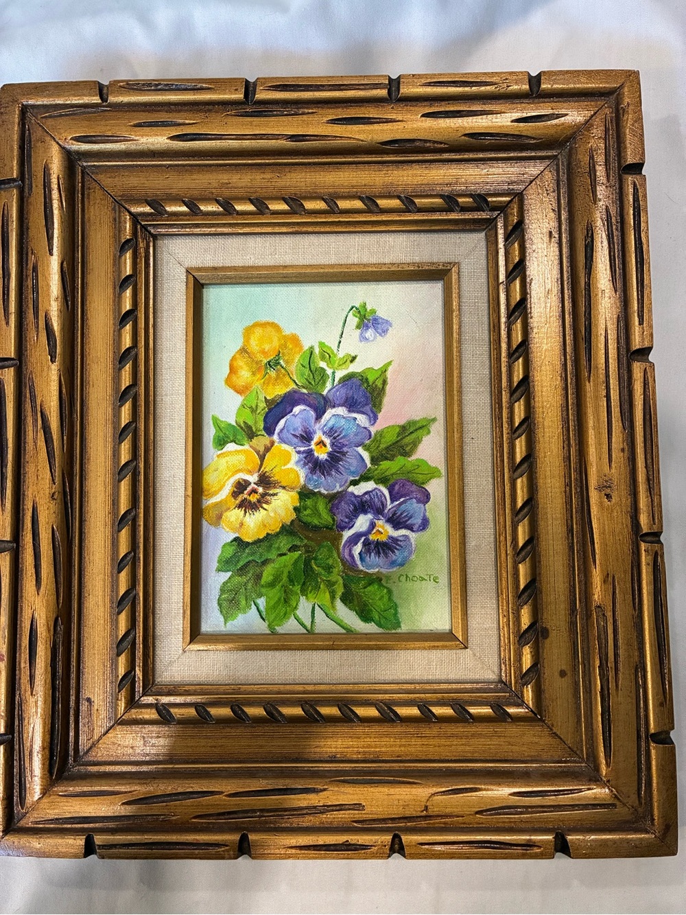 Pansy oil painting in Gold Notched Thick Frame yellow & purple pansy flowers